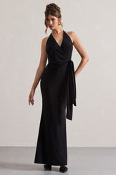 Black Halter-Neck Gathered Drape Maxi Dress